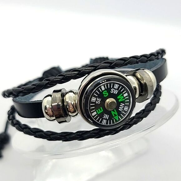 Compass Round Beaded Black Braided Faux Leather Bracelet Outdoor Wilderness New - Picture 4 of 6